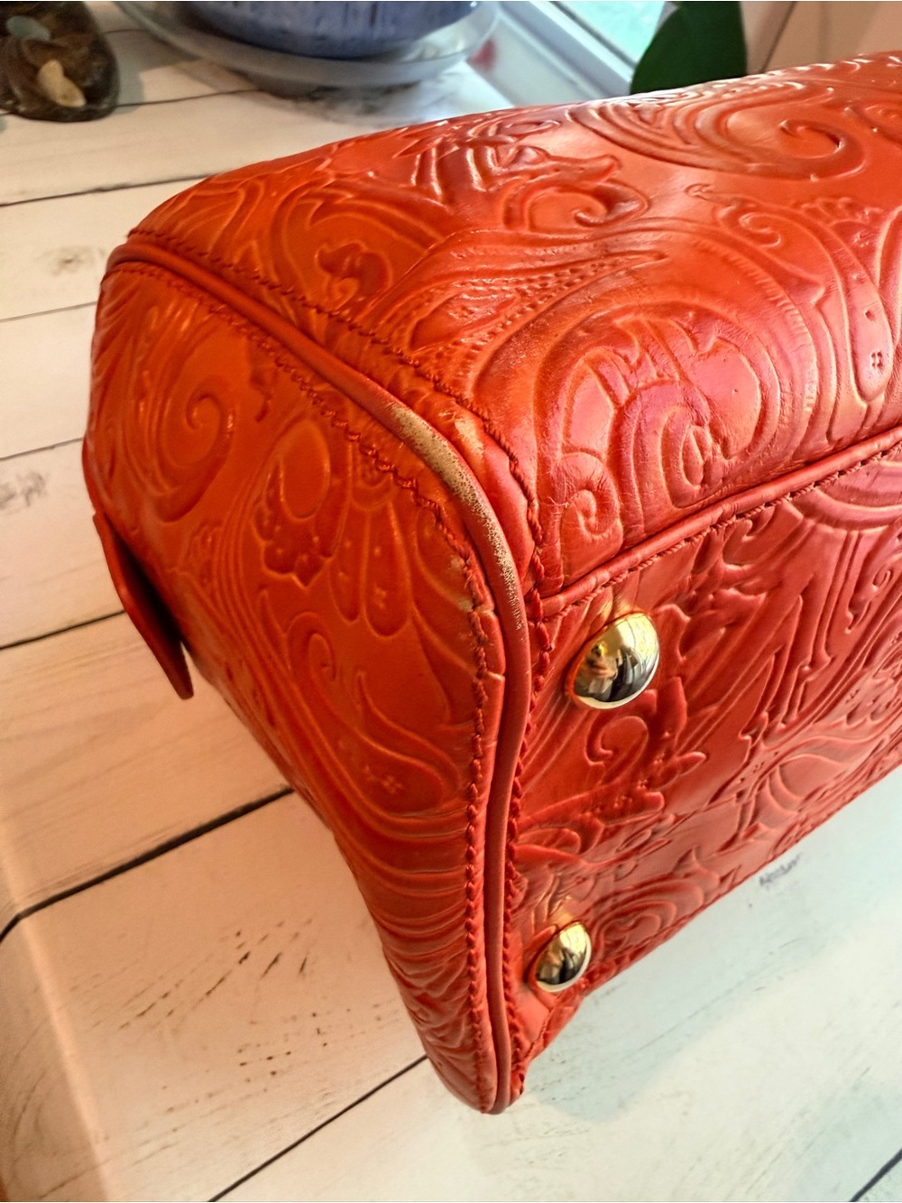 Etro Burnt Orange Paisley Embossed Leather Satchel Boston Bag - Picture 11 of 15